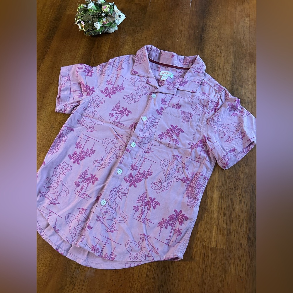 Dino Skateboard Button-Up Shirt | Boy Size 6/7 | Mauve | Vacation Collared Shirt - Picture 3 of 5